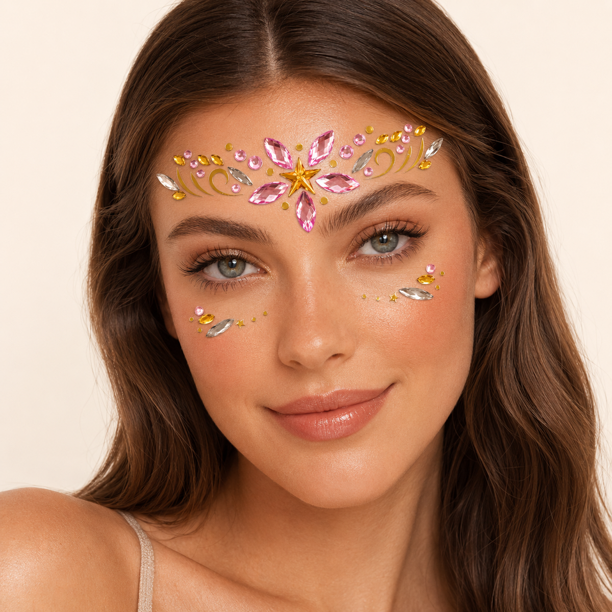 Pink Star Festival Face Gems worn on the forehead and cheeks
