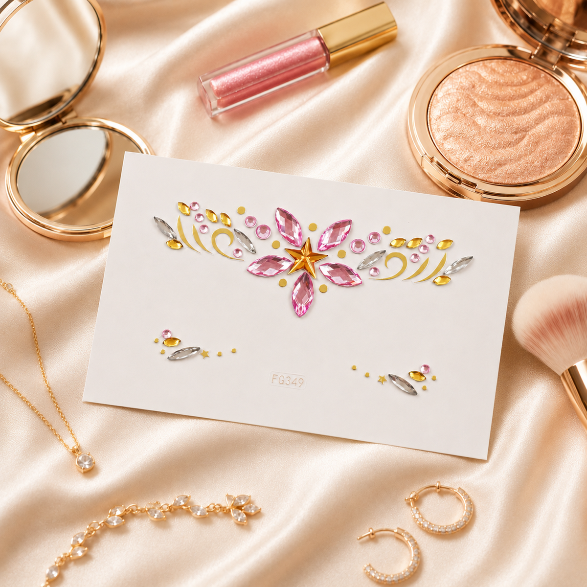 Pink Star Festival Face Gems styled with makeup and jewelry on champagne satin