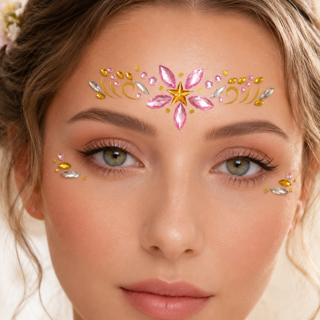 Pink Star Festival Face Gems worn in a cute birthday and concert makeup look