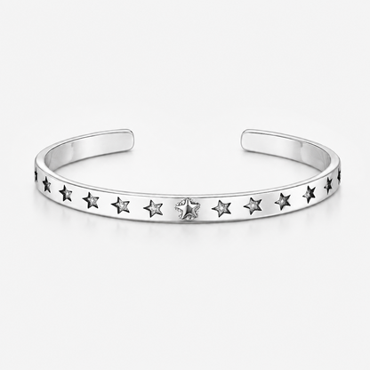 Polished Silver Star Cuff Bracelet on white background