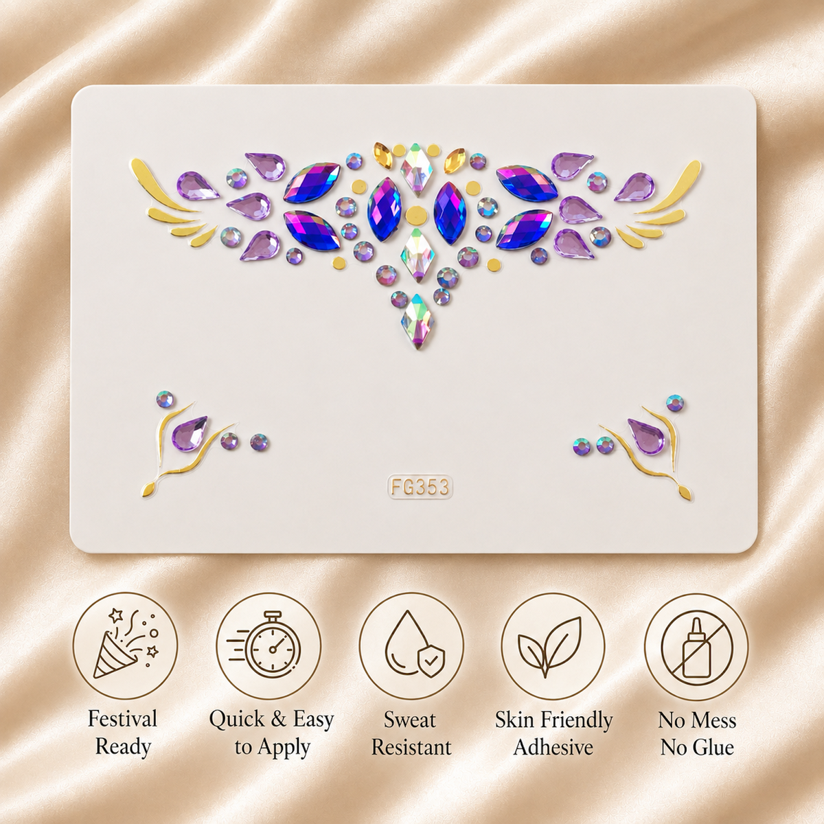 Rainbow Jewel Festival Face Gems information graphic highlighting easy self-adhesive festival use