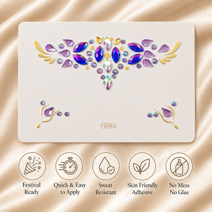 Rainbow Jewel Festival Face Gems information graphic highlighting easy self-adhesive festival use