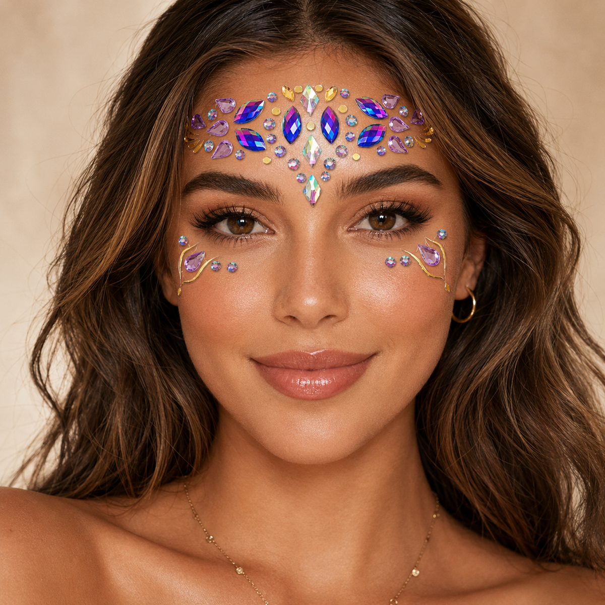 Rainbow Jewel Festival Face Gems worn on model for festival makeup look