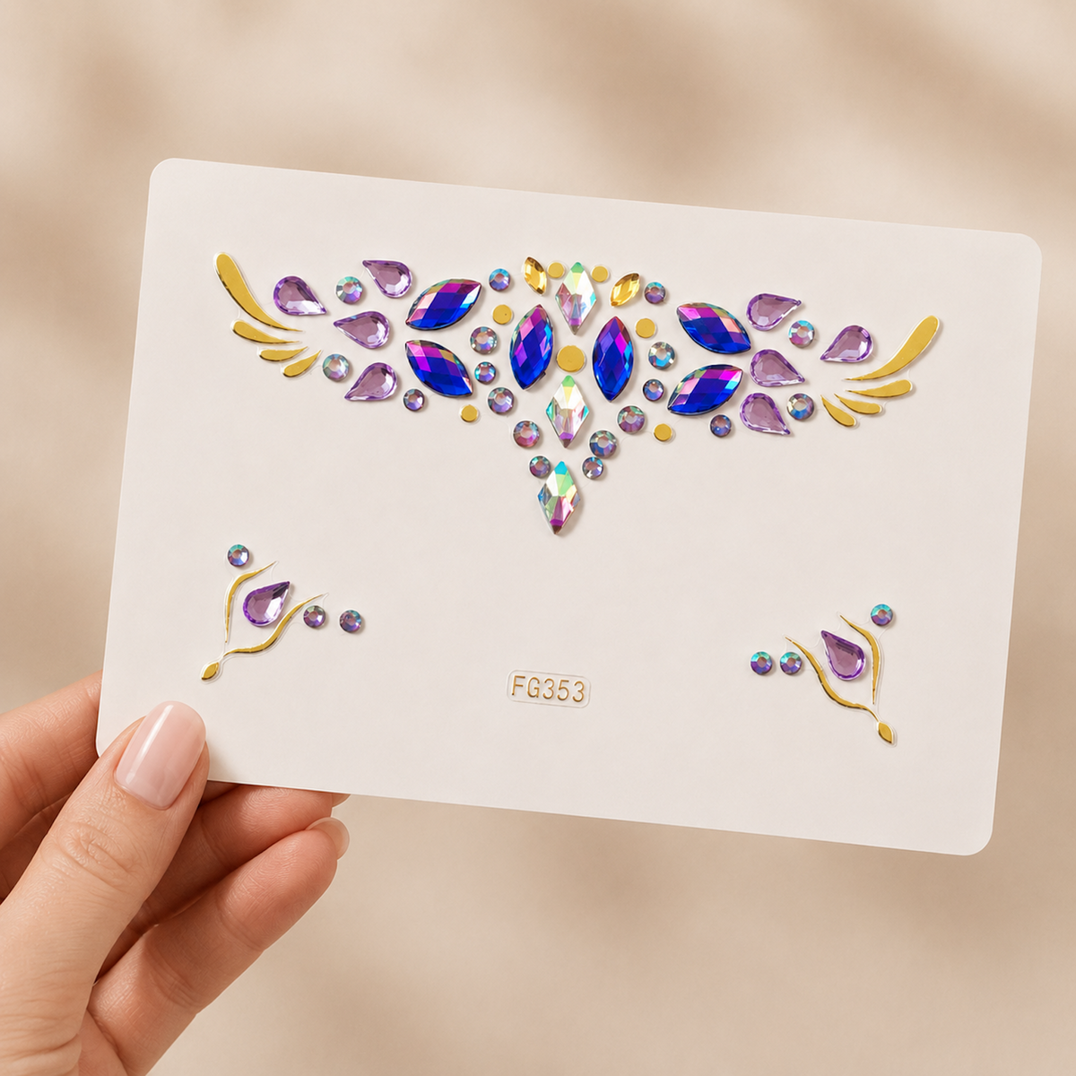 Rainbow Jewel Festival Face Gems card held in hand to show scale and fit