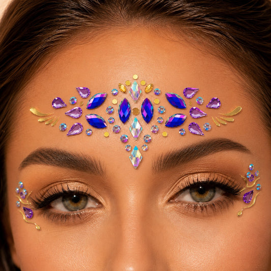 Rainbow Jewel Festival Face Gems worn in a colorful concert and rave makeup look