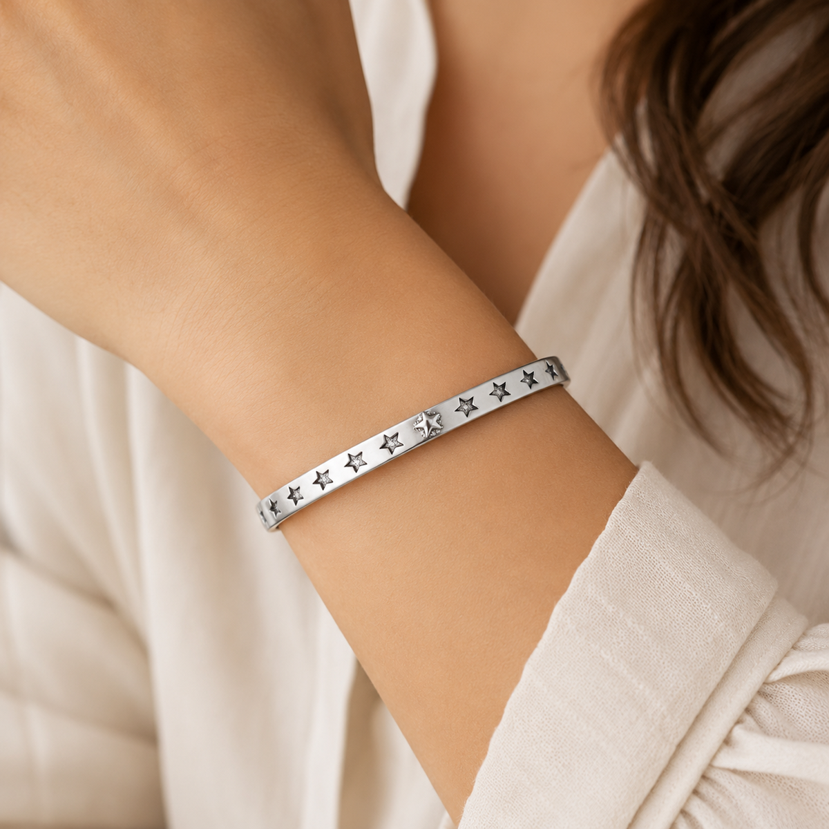 Silver Star Cuff Bracelet worn on wrist