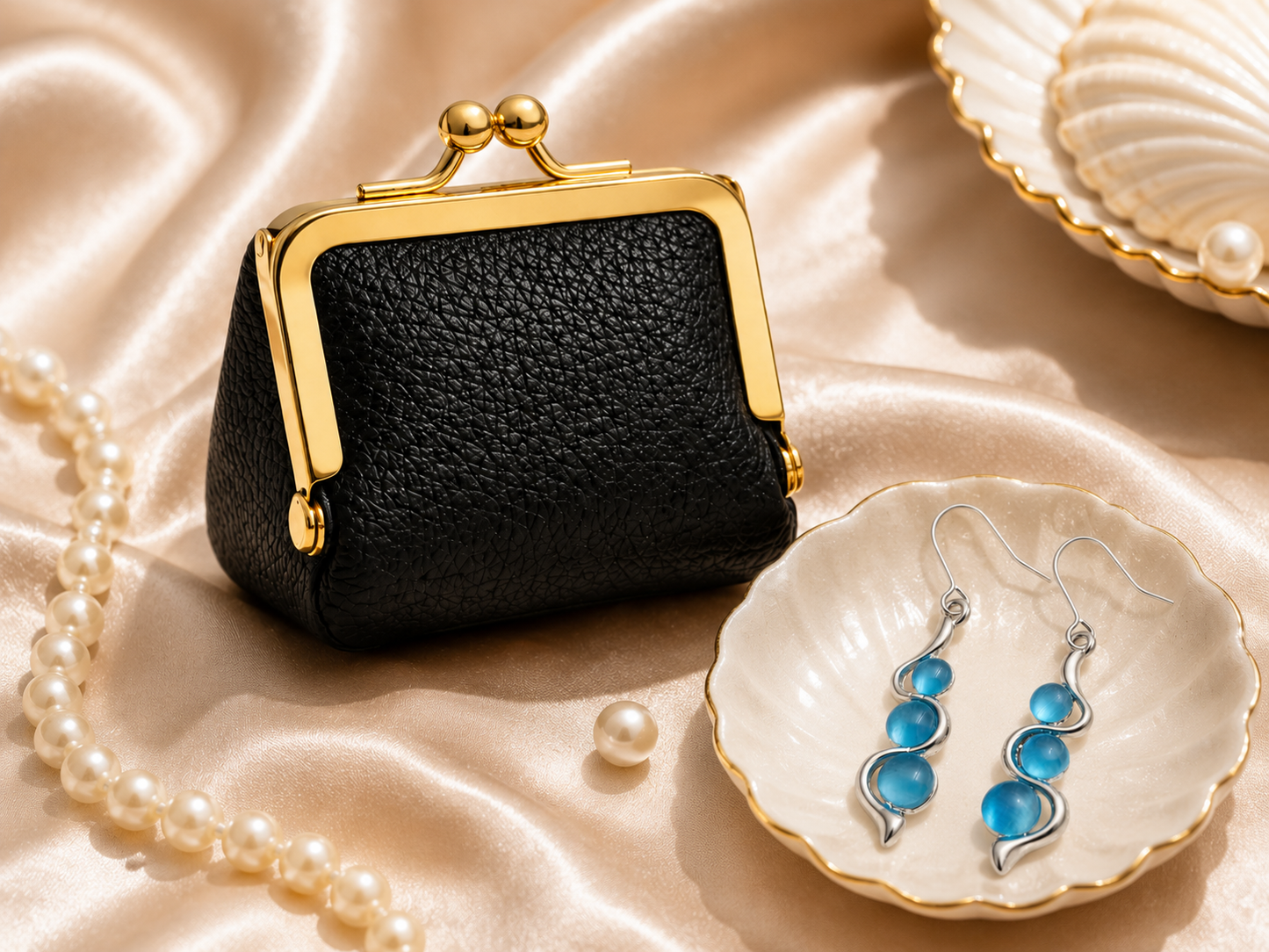 Blue Wave Earrings and Mini Coin Purse Gift Set with black mini leather coin purse variant