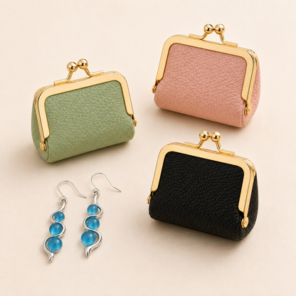 Blue Wave Earrings with pink, green, and black mini leather coin purse color options