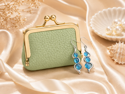 Blue Wave Earrings and Mini Coin Purse Gift Set with green mini leather coin purse variant