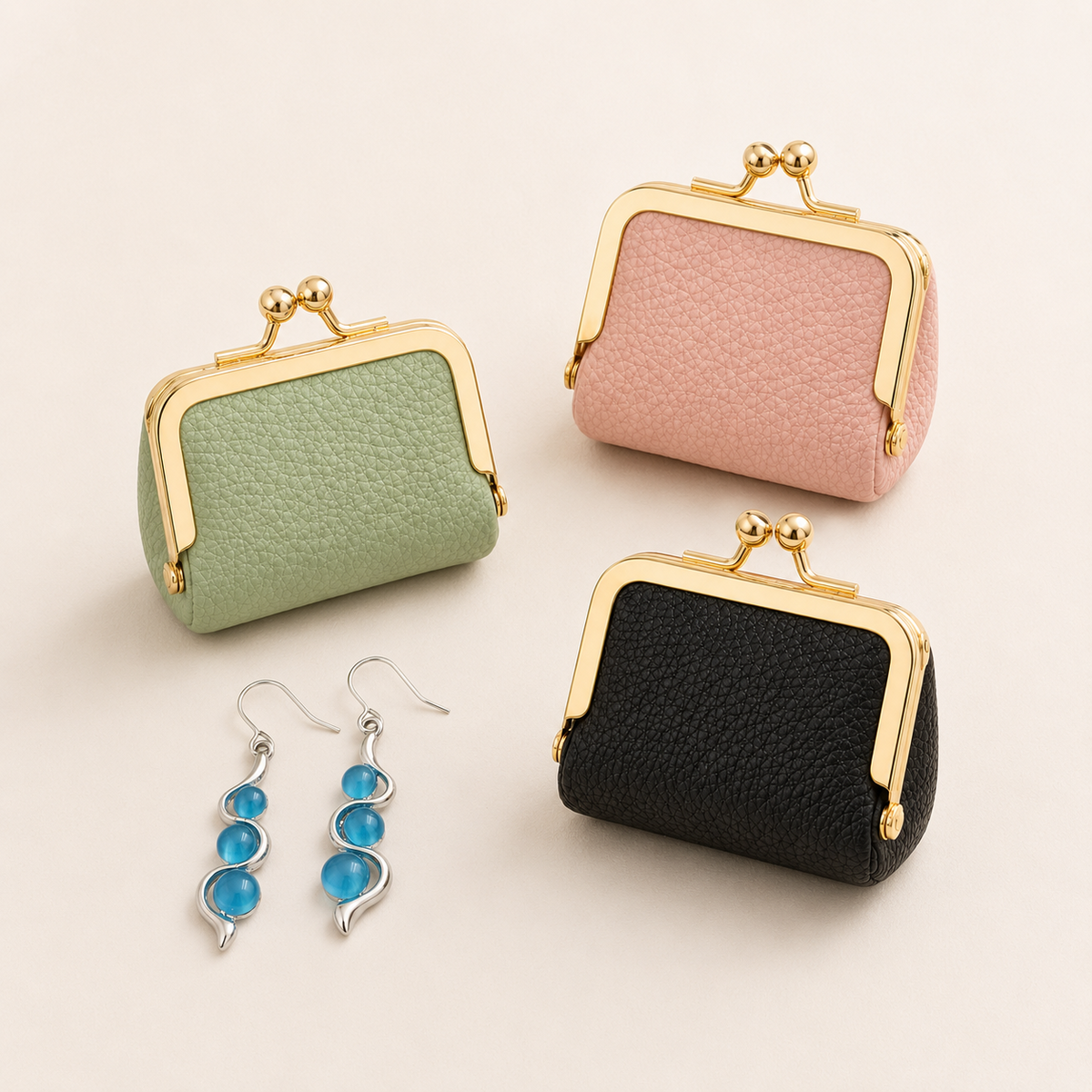 Blue Wave Earrings and Mini Coin Purse Gift Set with pink, green, and black purse options