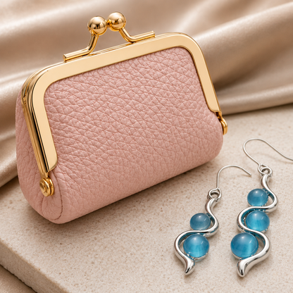Blue Wave Earrings with pink mini leather coin purse product contents