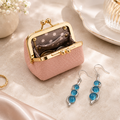 Open pink mini leather coin purse with Blue Wave Earrings detail view