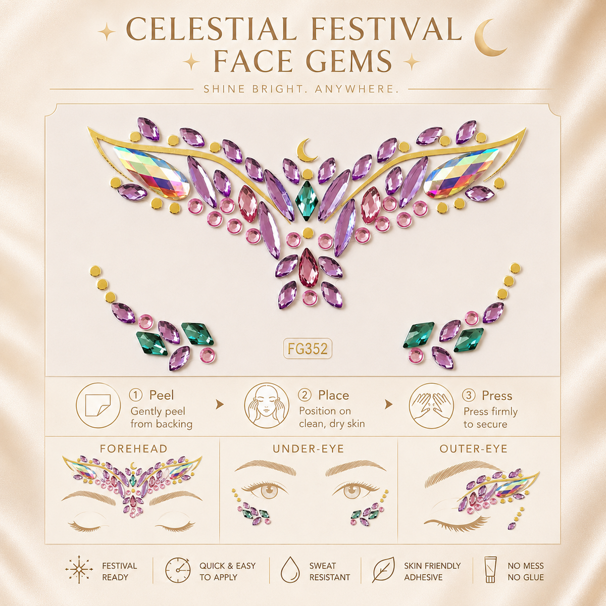 Celestial Moon & Star Self-Adhesive Face Gems application guide