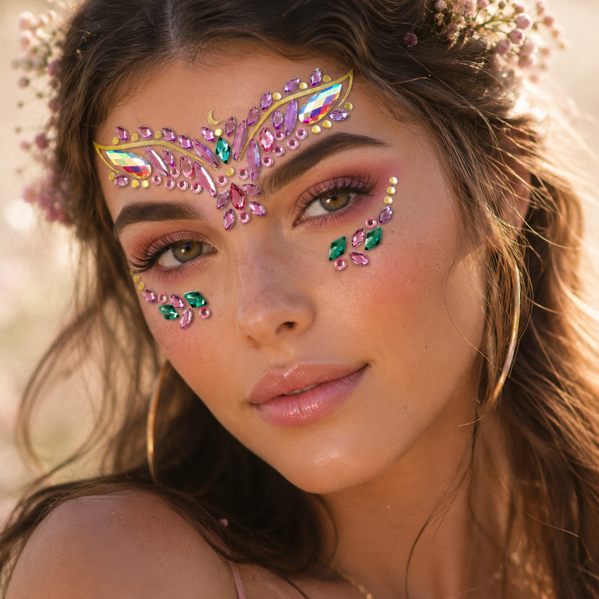 Celestial Moon & Star Self-Adhesive Face Gems worn festival lifestyle image