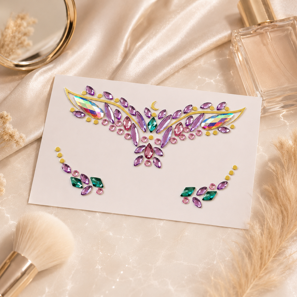 Celestial Moon & Star Self-Adhesive Face Gems styling flat lay