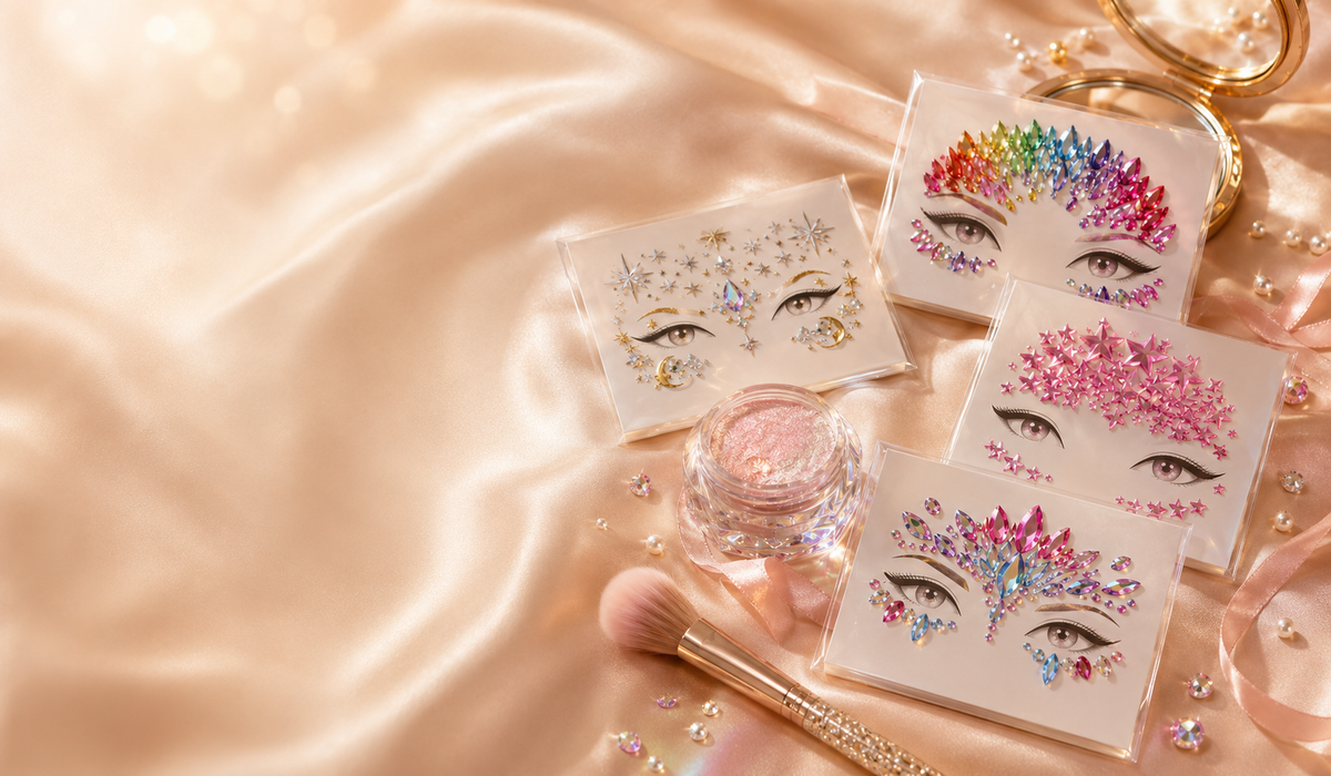 Festival face gems and body shimmer styled on champagne satin for concert, rave, and party glow looks