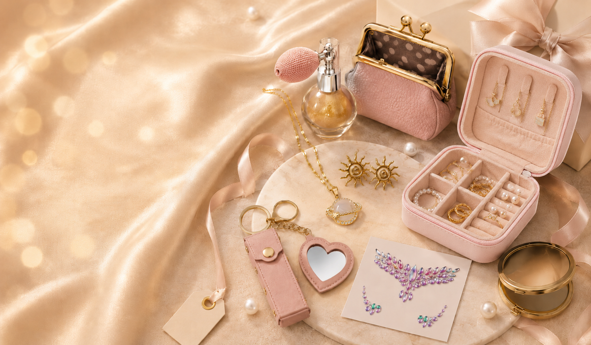 Affordable gifts under $25 including jewelry, beauty accessories, shimmer, and small purse essentials styled on champagne satin