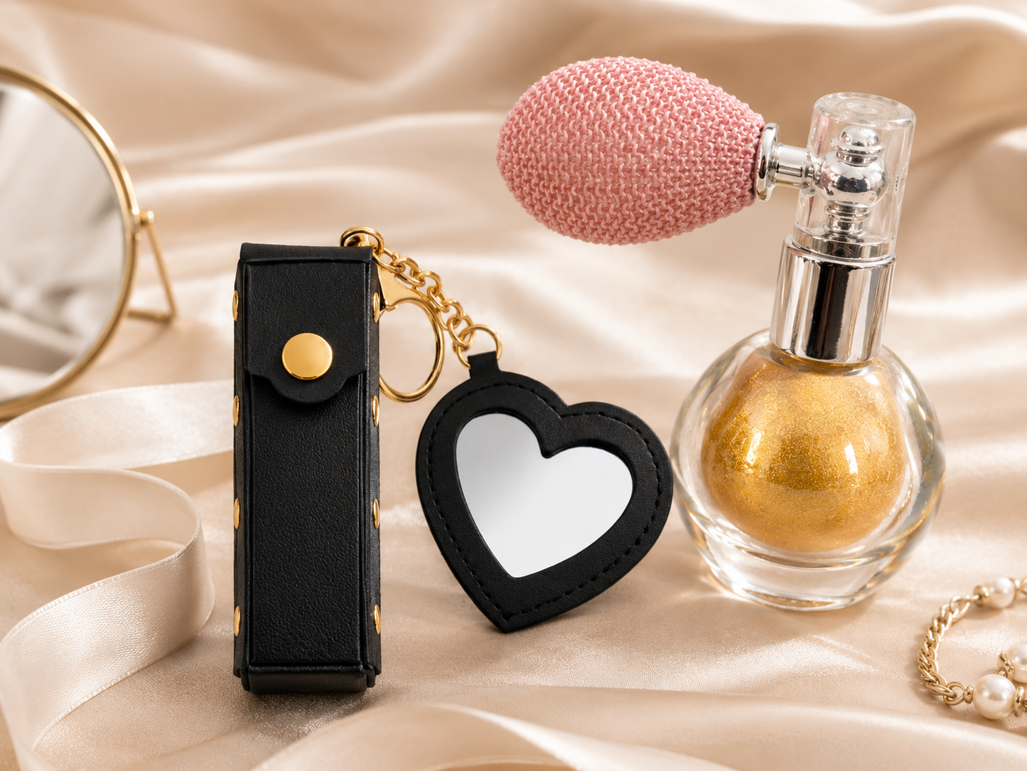 Glow and Go Gift Set with black mini heart lipstick mirror keychain variant