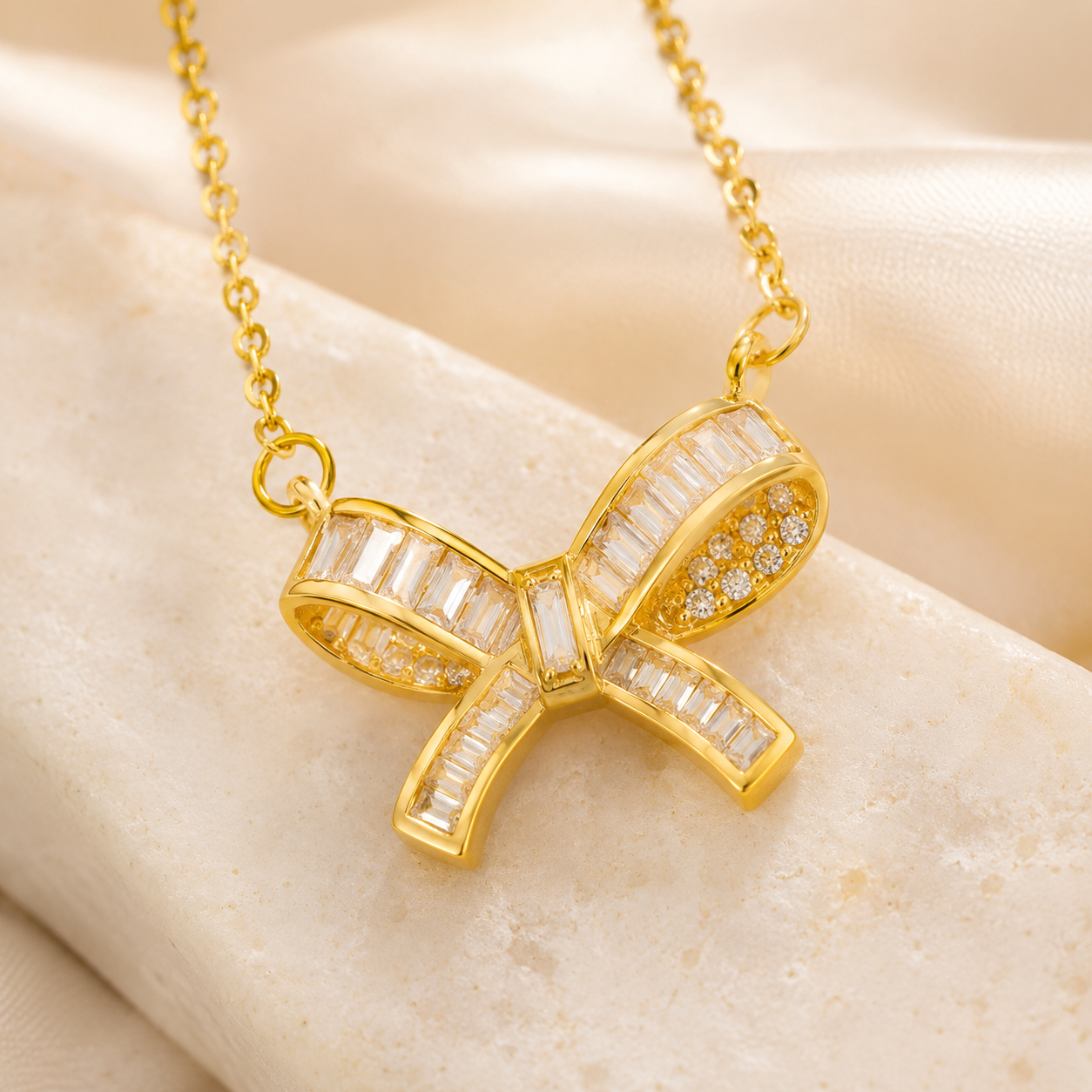 Close-up detail of Gold Bow Pendant Necklace for Women