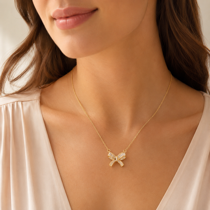 Gold Bow Pendant Necklace for Women lifestyle image