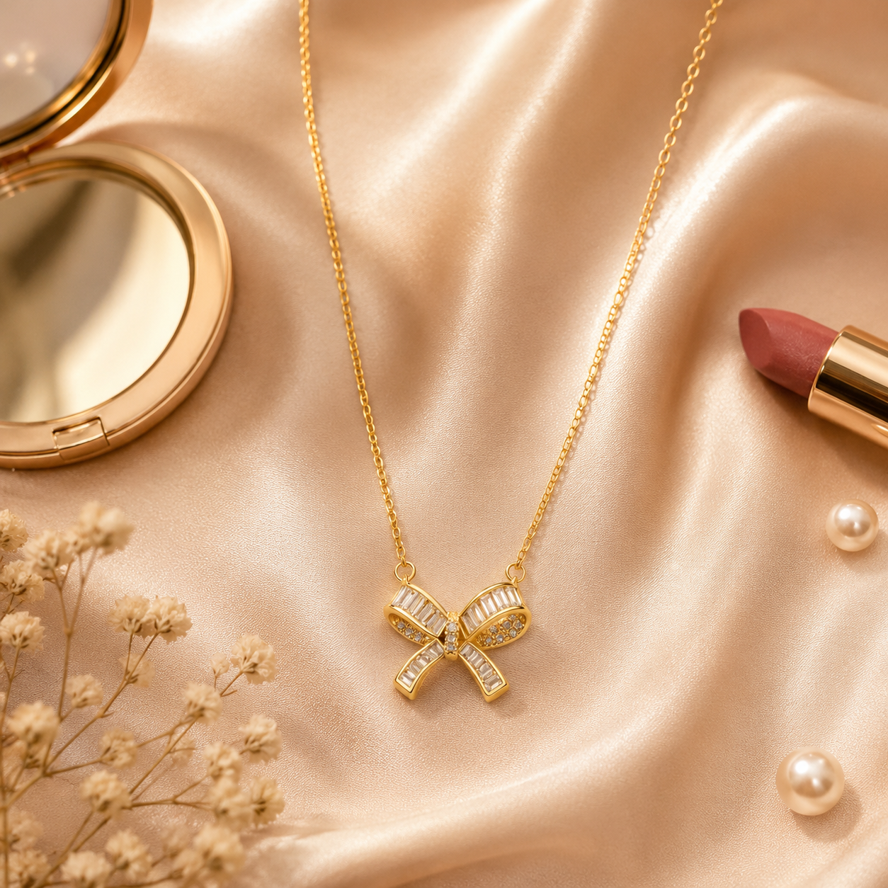 Gold Bow Pendant Necklace for Women styling inspiration image