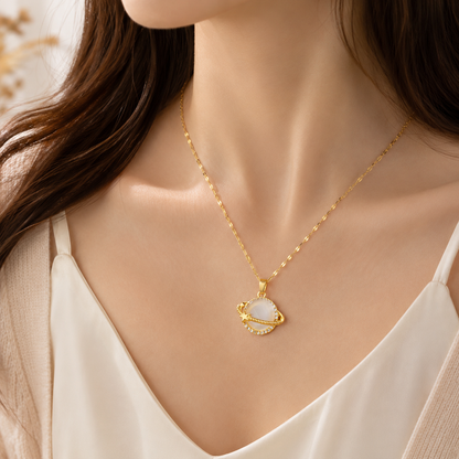 Close-up detail of Gold Celestial Planet Pendant Necklace