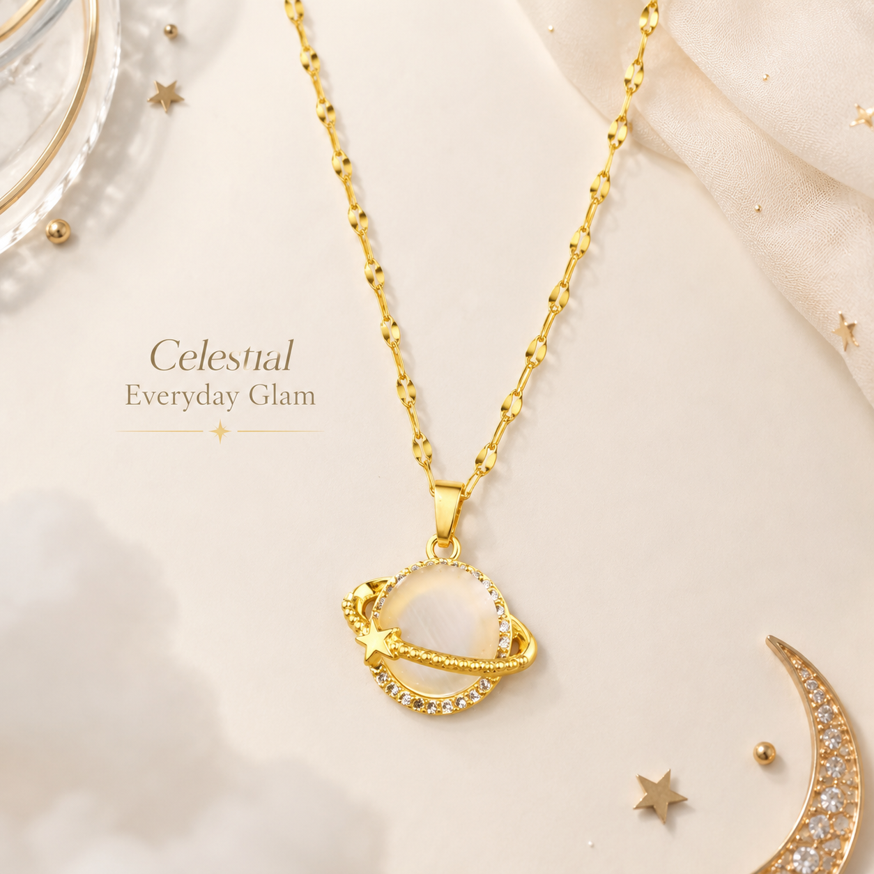 Gold Celestial Planet Pendant Necklace product guide graphic