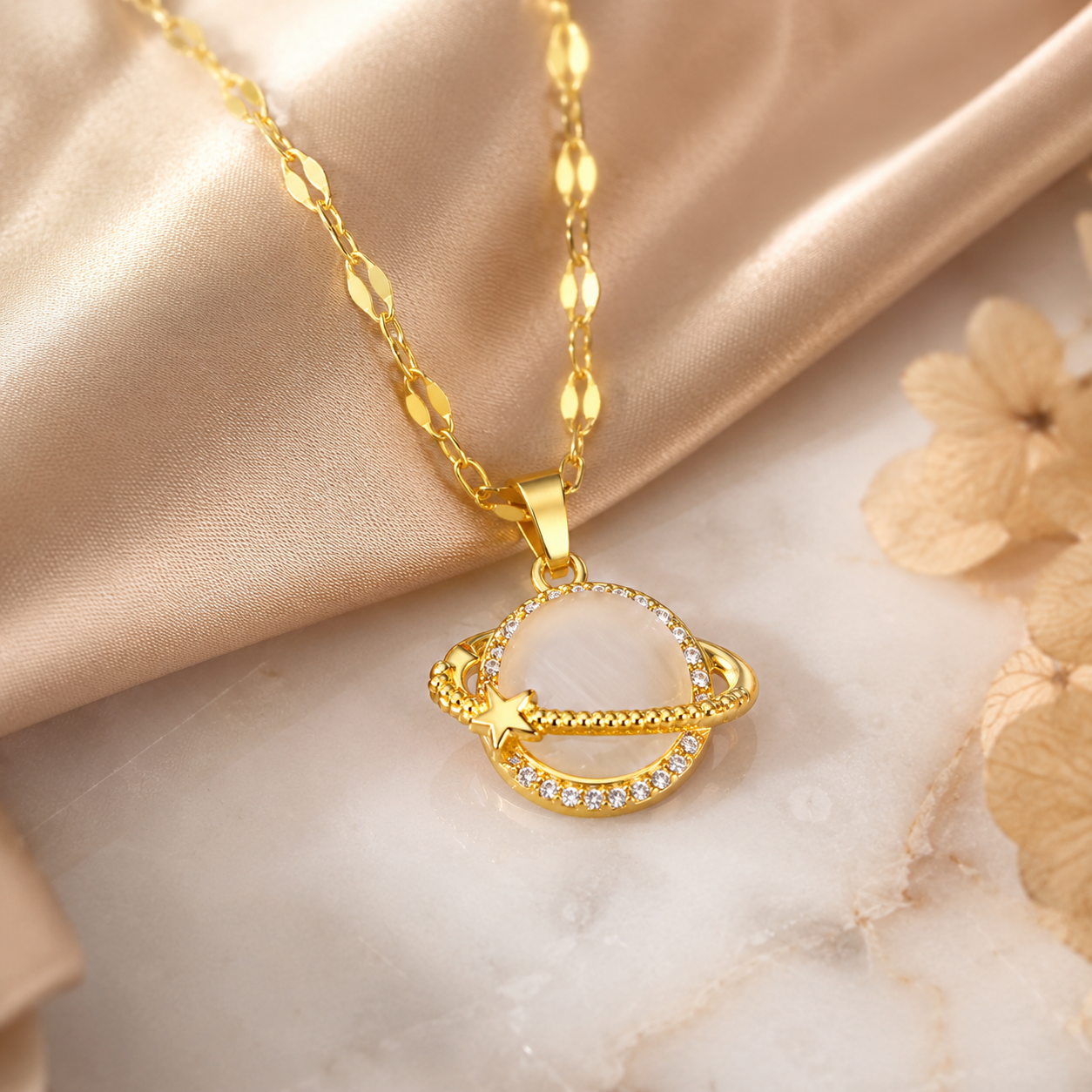 Gold Celestial Planet Pendant Necklace lifestyle image