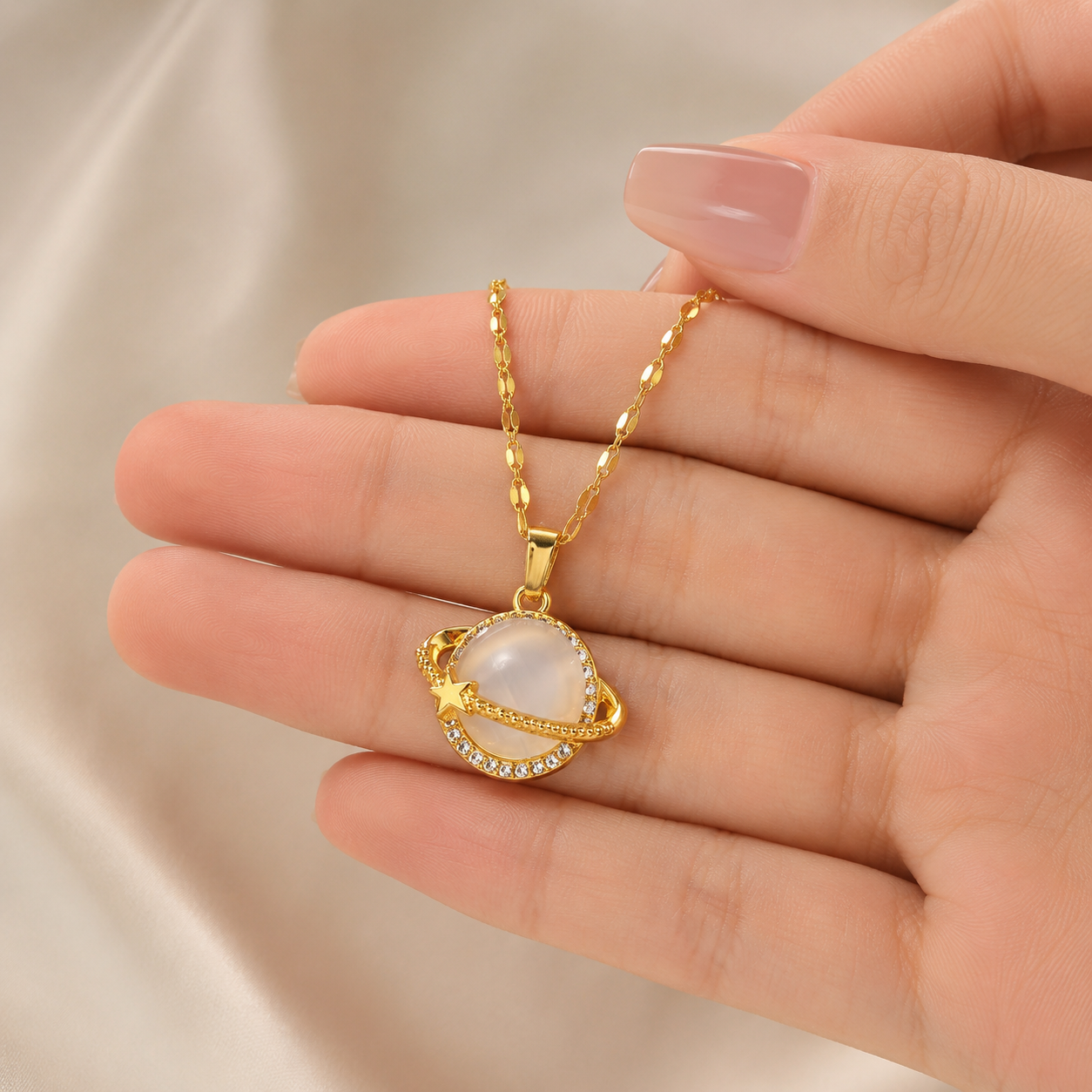 Gold Celestial Planet Pendant Necklace shown with scale reference
