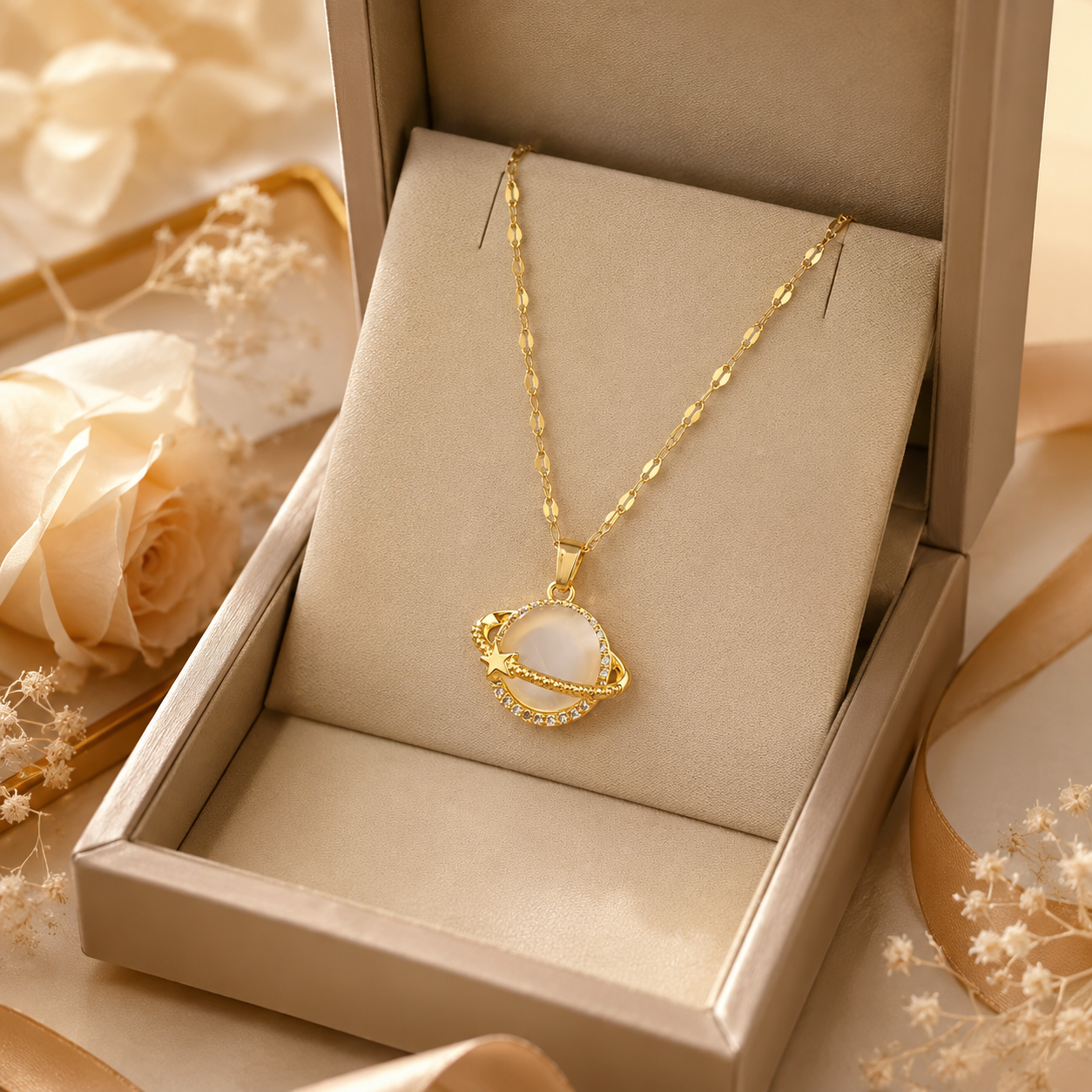 Gold Celestial Planet Pendant Necklace styling inspiration image