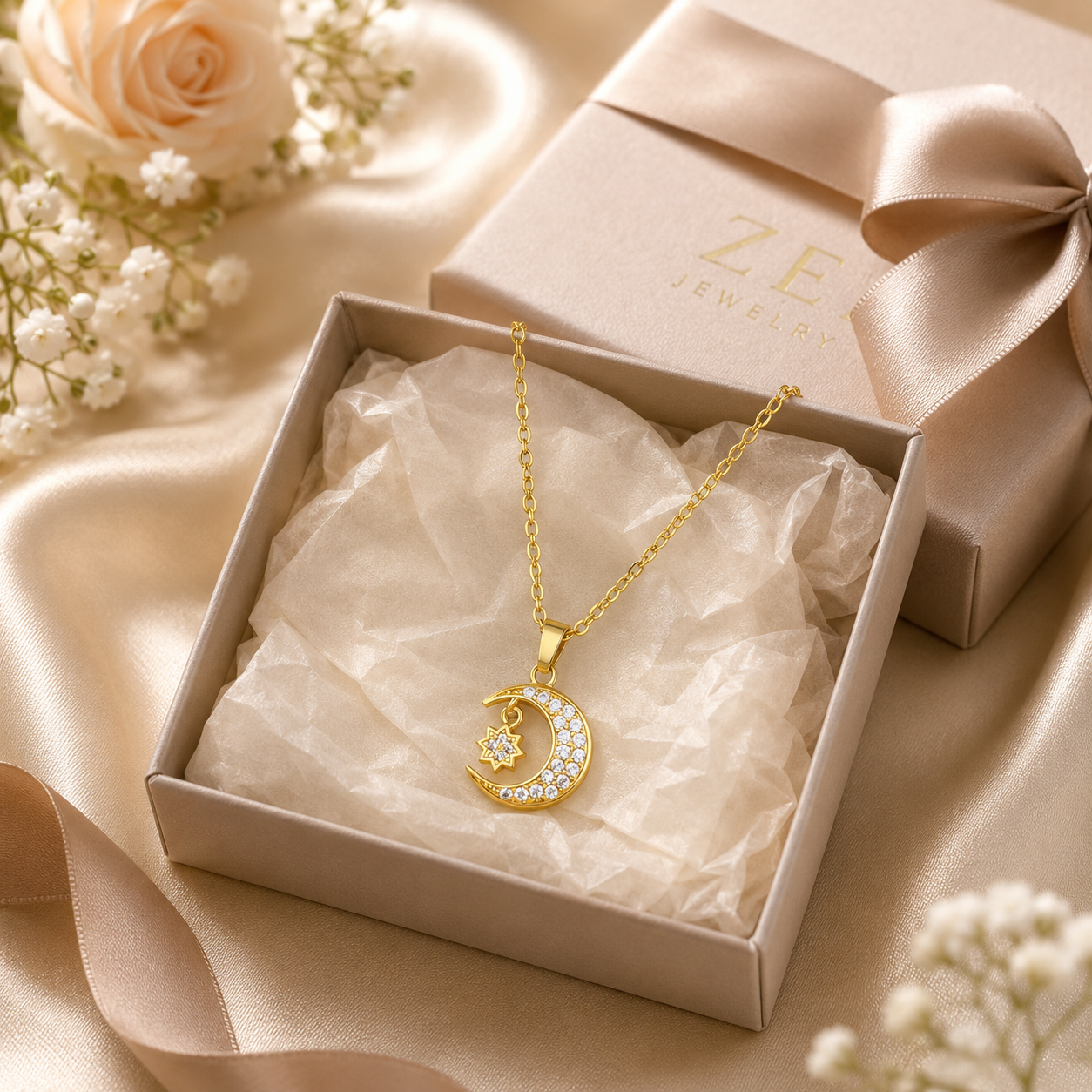 Gold Moon and Star Pendant Necklace product guide graphic