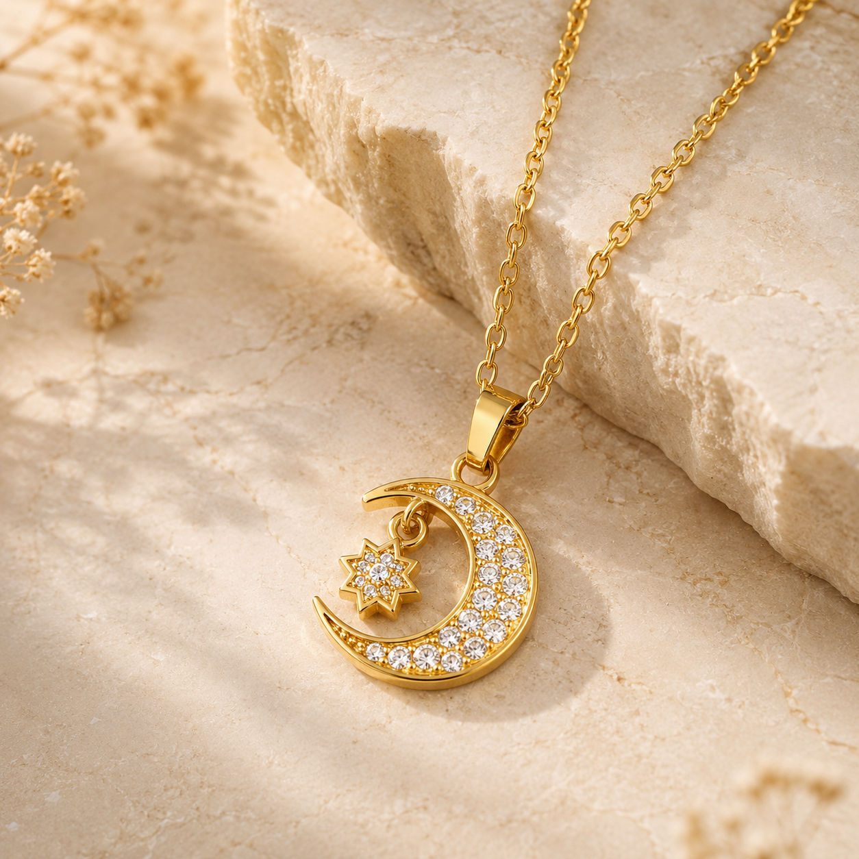 Gold Moon and Star Pendant Necklace shown with scale reference