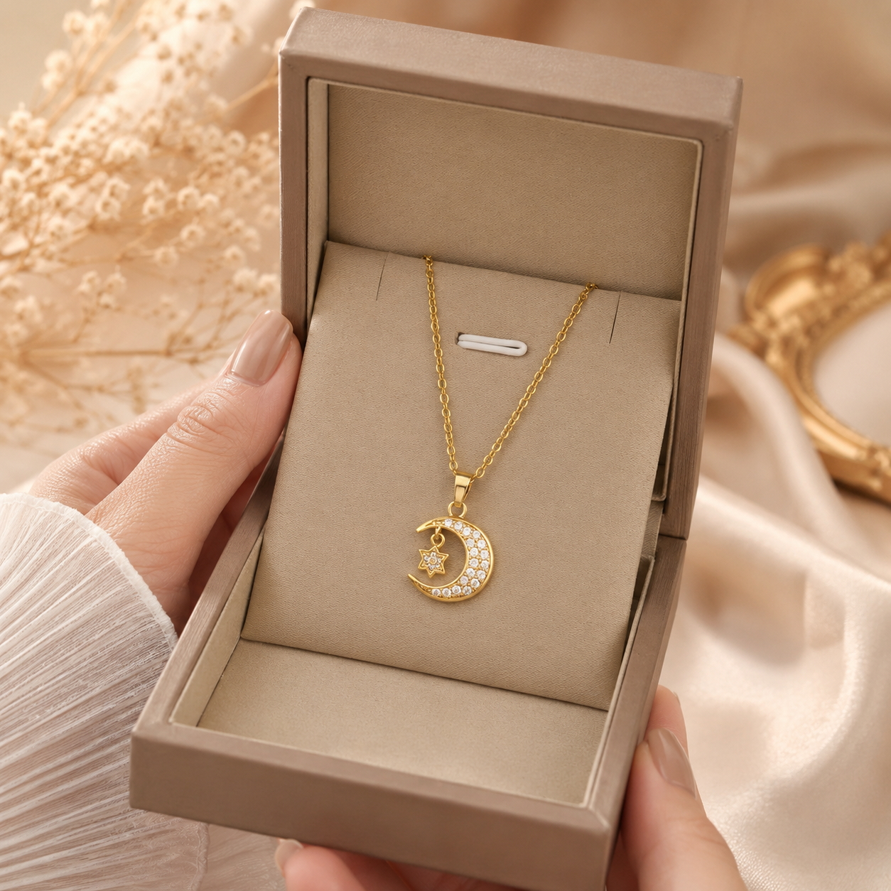 Gold Moon and Star Pendant Necklace styling inspiration image