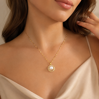 Close-up detail of Gold Pearl Circle Pendant Necklace