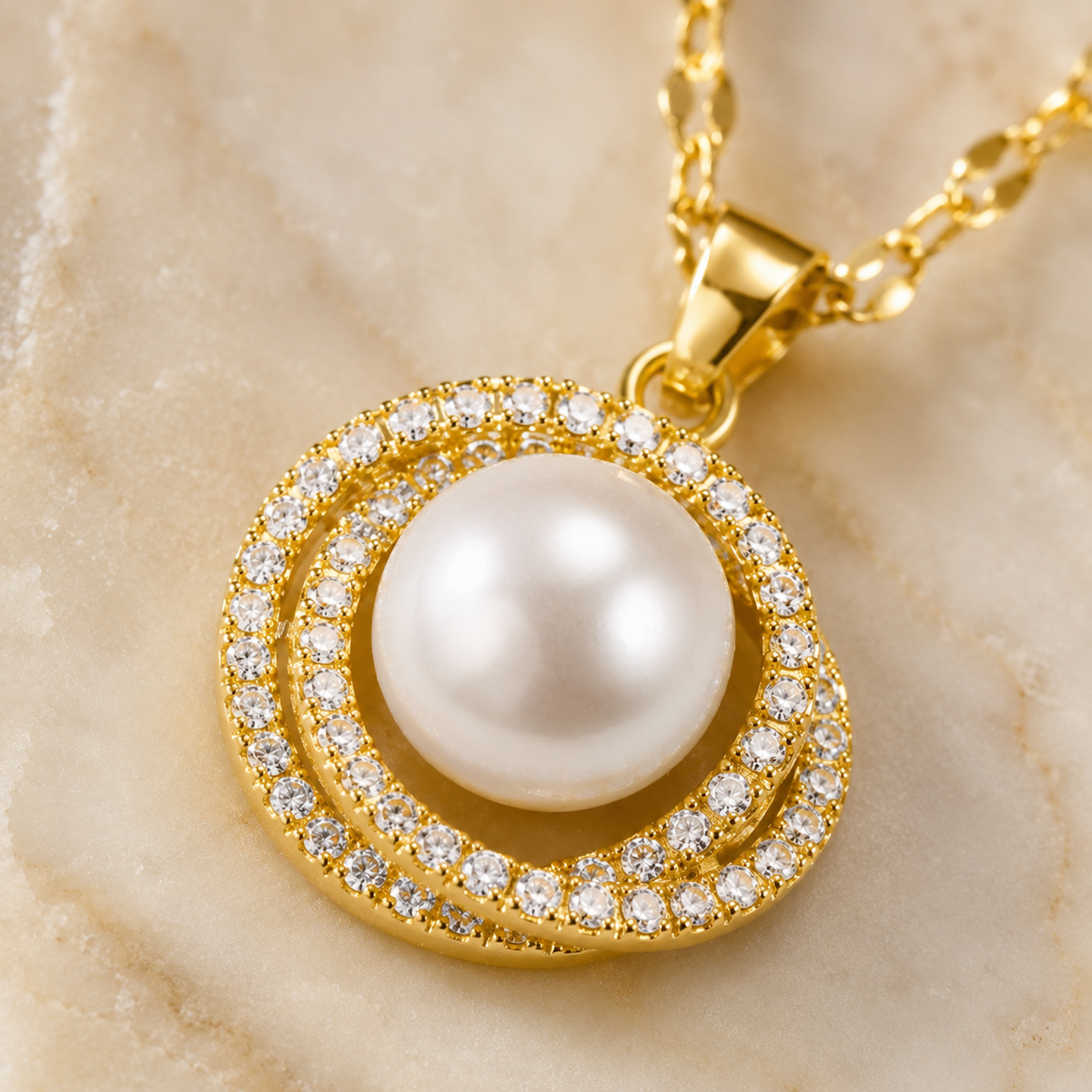 Close-up detail of Gold Pearl Circle Pendant Necklace