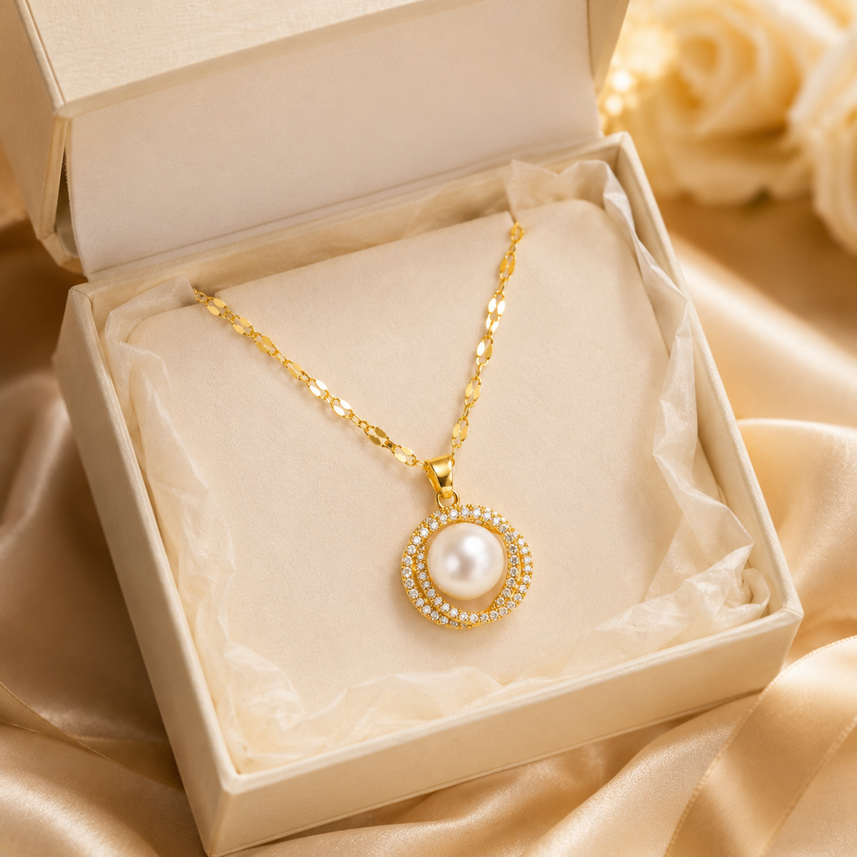 Gold Pearl Circle Pendant Necklace gift-ready packaging image