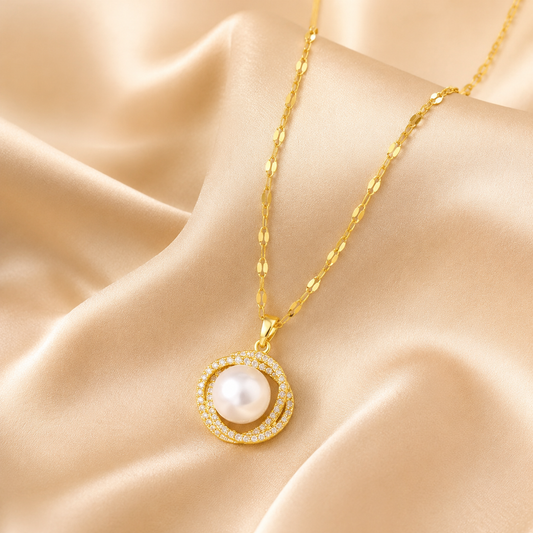 Gold Pearl Circle Pendant Necklace product image