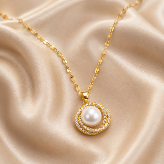 Gold Pearl Circle Pendant Necklace hero product image