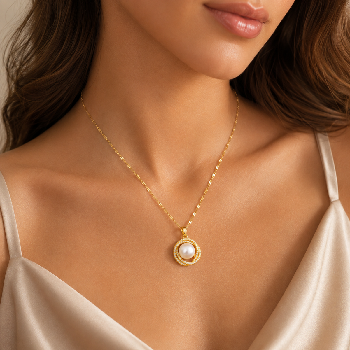 Gold Pearl Circle Pendant Necklace lifestyle image