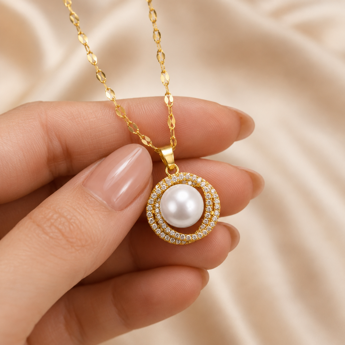 Gold Pearl Circle Pendant Necklace shown with scale reference