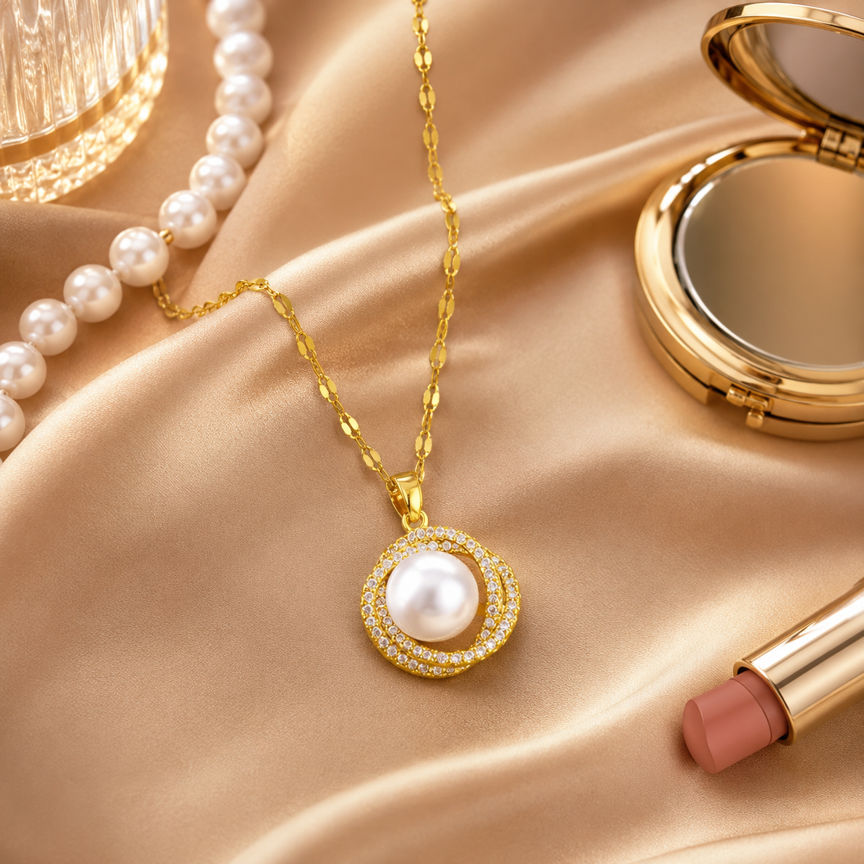 Gold Pearl Circle Pendant Necklace styling inspiration image