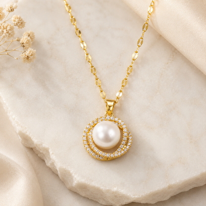 Gold Pearl Circle Pendant Necklace styling inspiration image