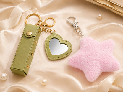 Luxe Little Extras Gift Set with green mini heart mirror keychain and pink star pom pom keychain variant