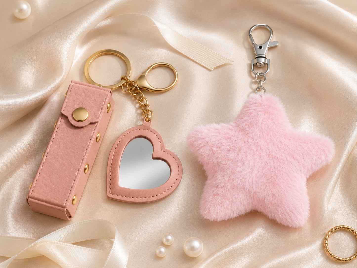 Luxe Little Extras Gift Set with pink mini heart mirror keychain and pink star pom pom keychain variant