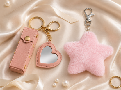Luxe Little Extras Gift Set with pink mini heart mirror keychain and pink star pom pom keychain variant
