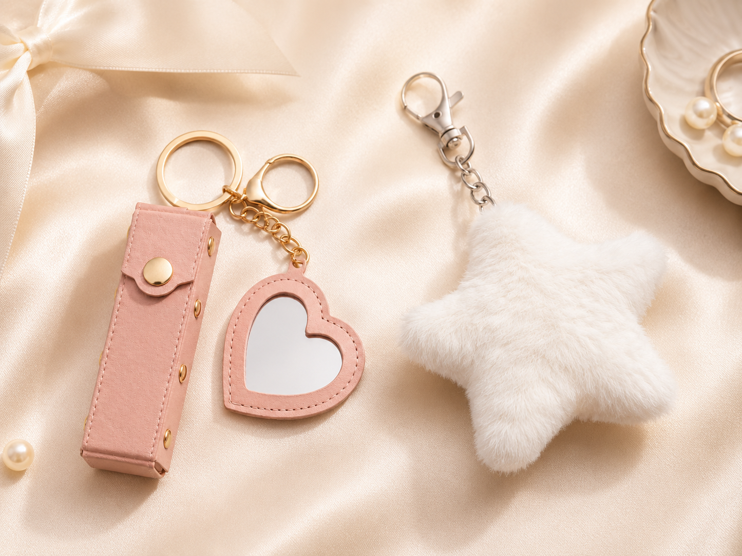 Luxe Little Extras Gift Set with pink mini heart mirror keychain and white star pom pom keychain variant