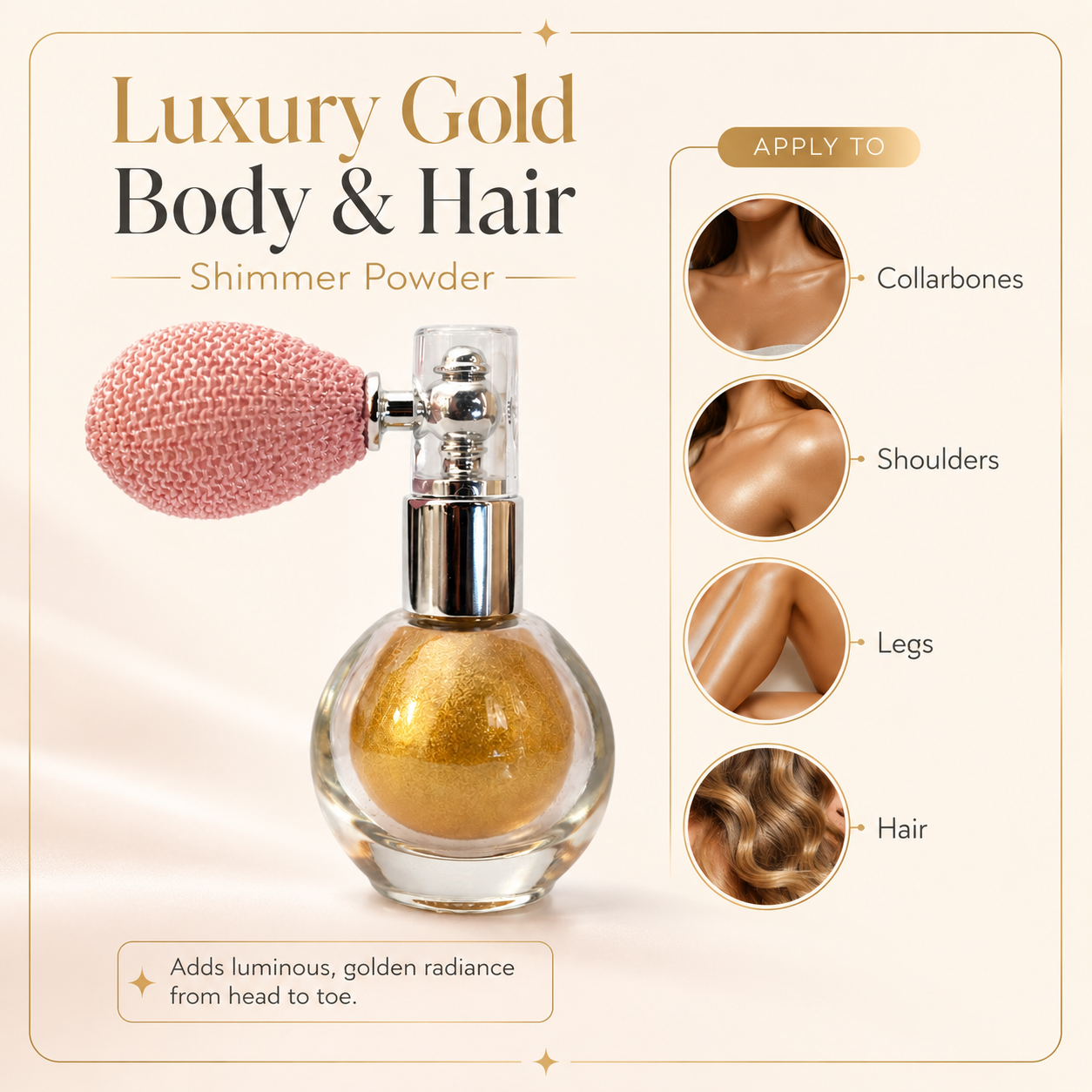 Luxury Gold Body and Hair Shimmer Powder product guide graphic