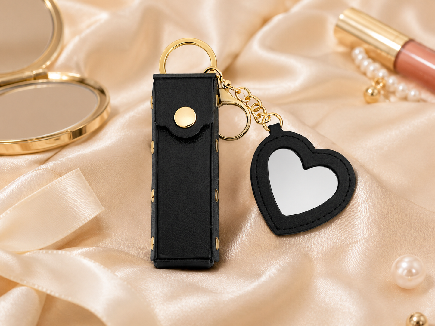 Black Mini Heart Lipstick Mirror Keychain variant on champagne satin