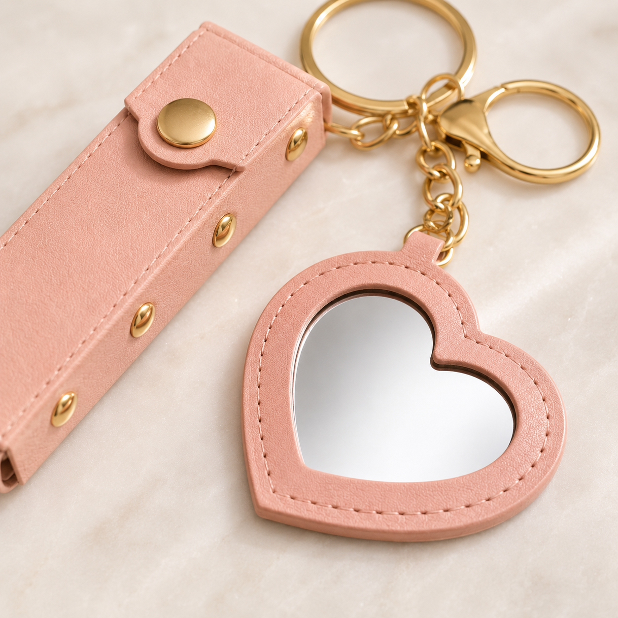 Close-up detail of Mini Heart Lipstick Mirror Keychain