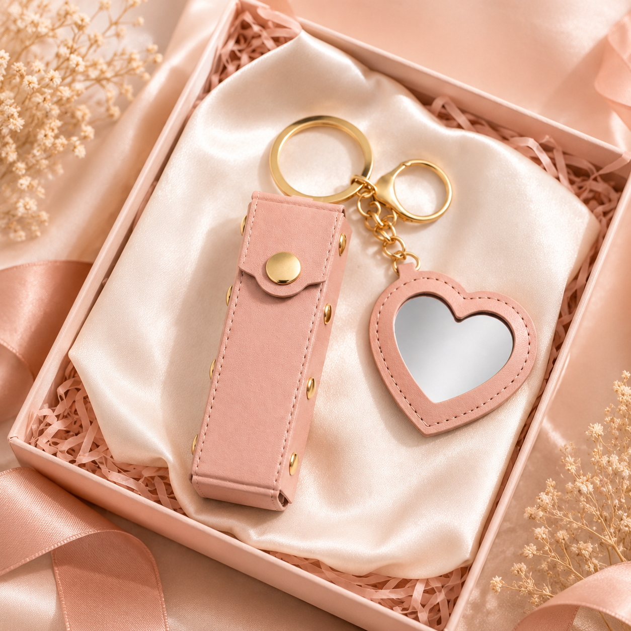 Mini Heart Lipstick Mirror Keychain gift-ready packaging image